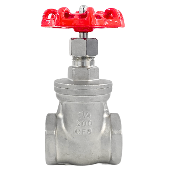 Stainless steel gate valve with a red handle for plumbing systems.