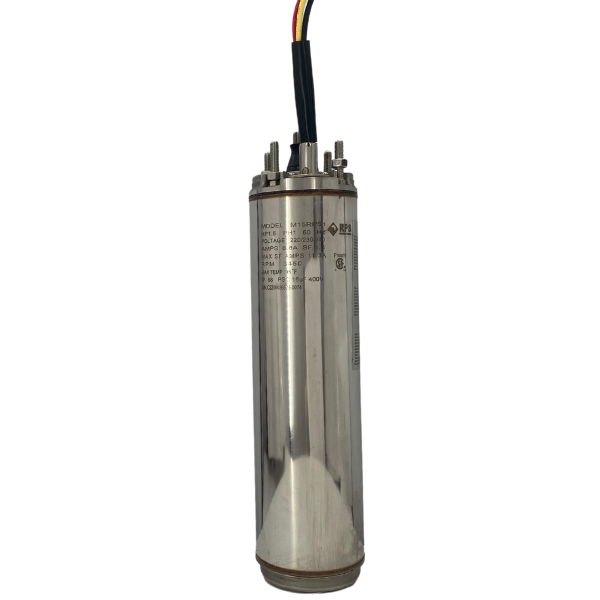 Stainless steel submersible pump motor from RPS Water Pumps with multiple cables and technical specifications displayed on the casing.