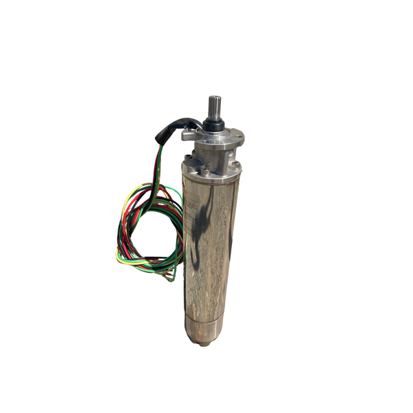 Electric RPS Water Pumps  motor with multicolored wires and metal casing against a white background.