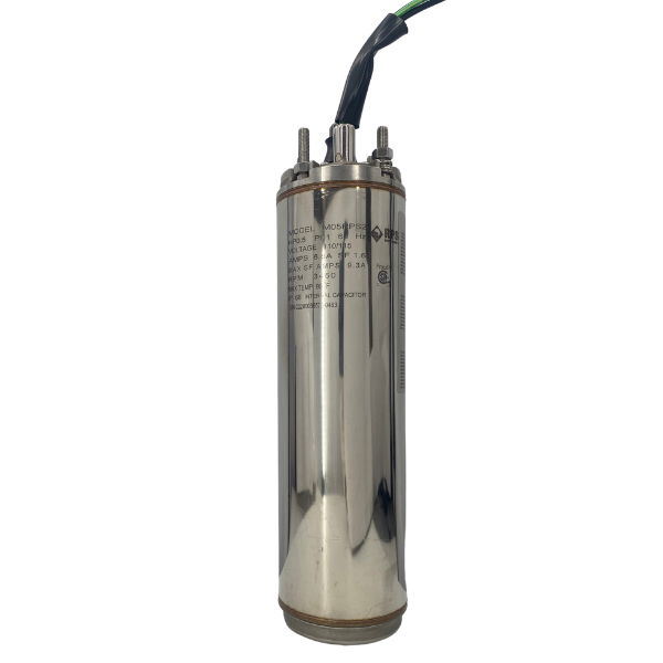 Submersible electric pump motor from RPS Water Pumps with attached wiring and metallic casing