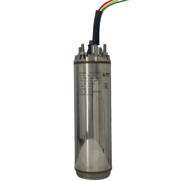 Submersible pump motor from RPS Water Pumps with wires protruding from the top, featuring a stainless steel cylindrical body and engraved technical specifications.