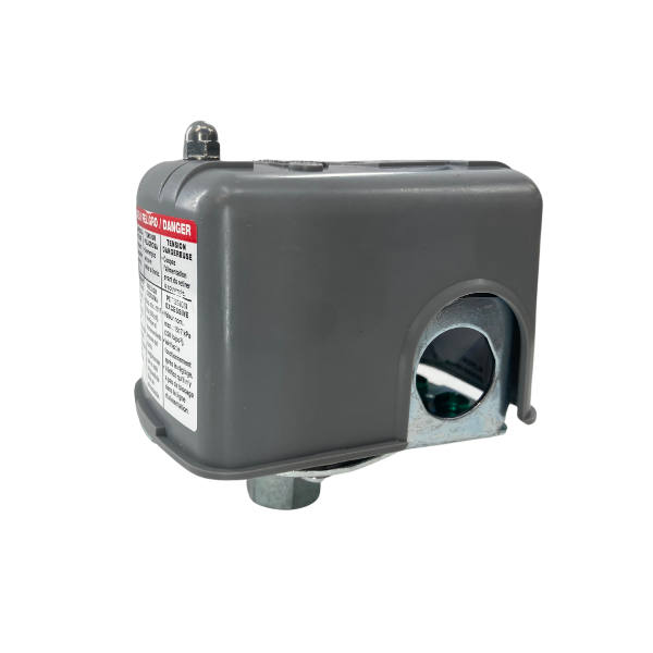 Square D pressure switch in gray housing for water pump systems.
