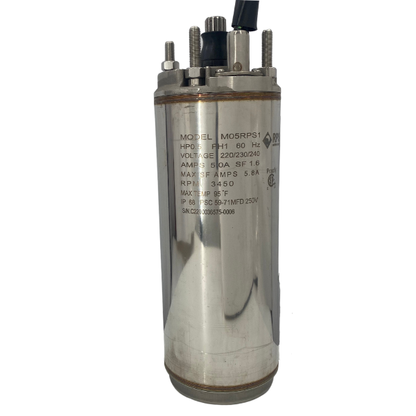 Submersible motor model M05PRS1 from RPS Water Pumps with specifications including 0.5 HP, 60 Hz, 220/230/240 volts, 5.0A, and max amps 5.8, stainless steel casing.