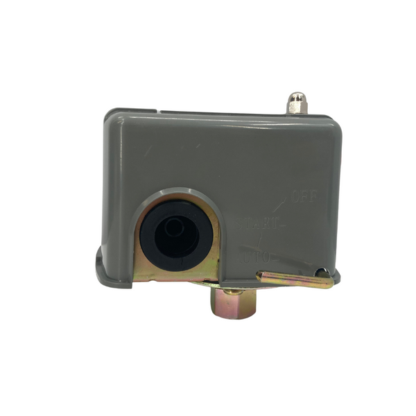 Gray pressure switch for water pump systems on white background.