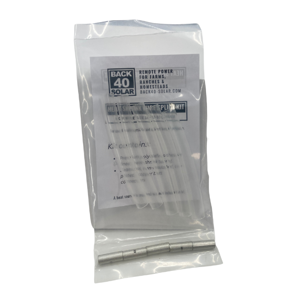 Heat shrink kit package from Back 40 Solar with tubes and metallic connectors for electrical wiring protection.