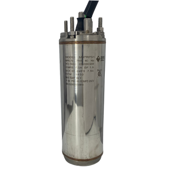 Stainless steel water pump with model number M07RPS1 from RPS Water Pumps, displaying specifications including voltage, amps, and maximum watts.