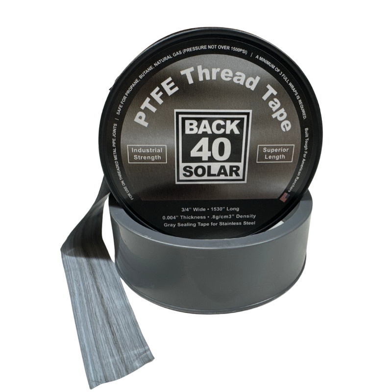 PTFE thread tape by Back 40 Solar, industrial strength and superior length, shown with a partially unrolled gray strip, suitable for sealing stainless steel pipes.