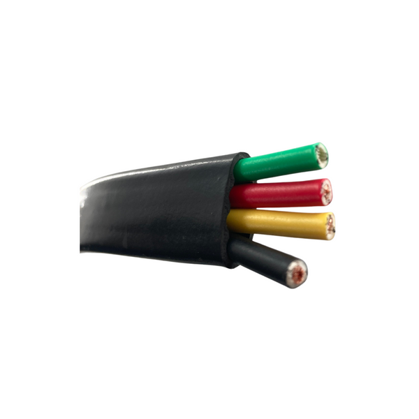 Four-conductor electrical cable with black sheath displaying red, green, yellow, and black wires used for industrial and household wiring.