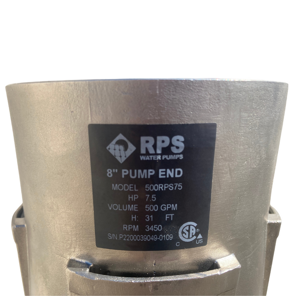 RPS 7.5HP 480V 500RPS75, Up to 50FT Head, 345 to 600GPM, Stainless Steel Submersible Pump End + Motor
