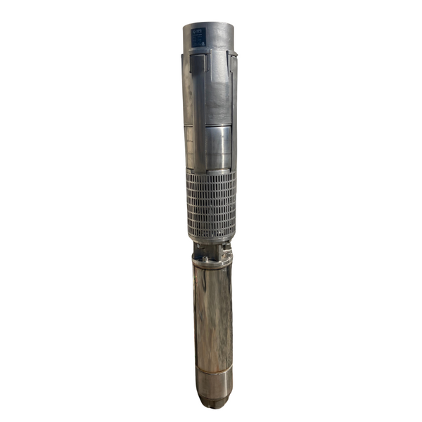 Submersible water pump from RPS Water Pumps with stainless steel body and cylindrical design for efficient water pumping.