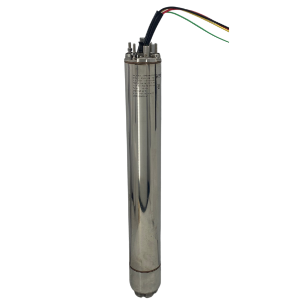 Stainless steel submersible water pump from RPS Water Pumps with electrical wires on top