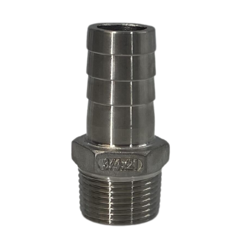 Stainless steel hose barb fitting with threaded end, used for connecting hoses or pipes in plumbing or irrigation applications.