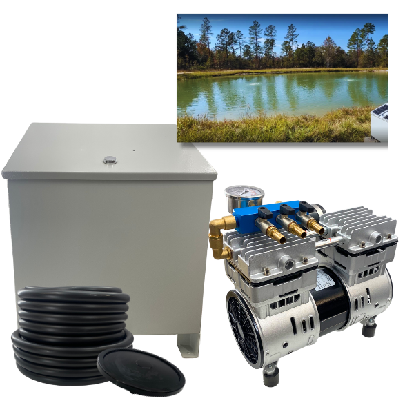 Pond aeration system kit with compressor, tubing, and diffuser; scenic pond in background.
