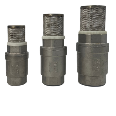 Three stainless steel foot valves with mesh strainers in varying sizes, used for fluid control in piping systems.