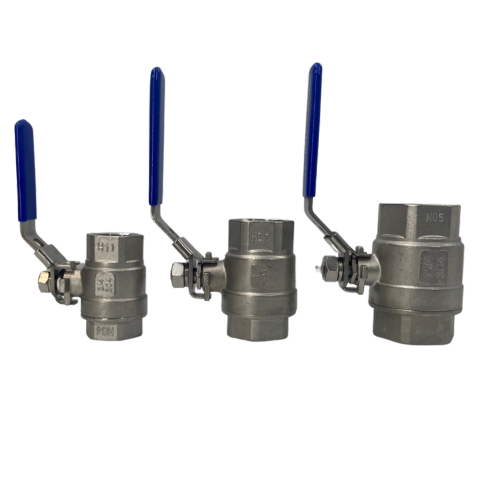 Three stainless steel ball valves with blue handles, varying in size, arranged in a row on a white background.