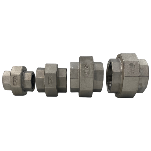 Four stainless steel pipe fittings of various sizes arranged in a row on a white background.