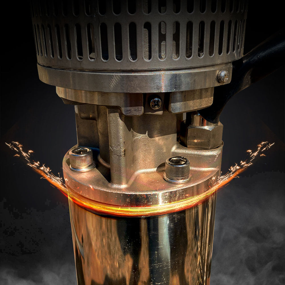 Submersible well pump from RPS Water Pumps  with sparks and glowing effect in a dark setting.