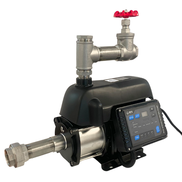 Booster pump with digital control panel and red valve handle, designed for enhancing water flow in plumbing systems.