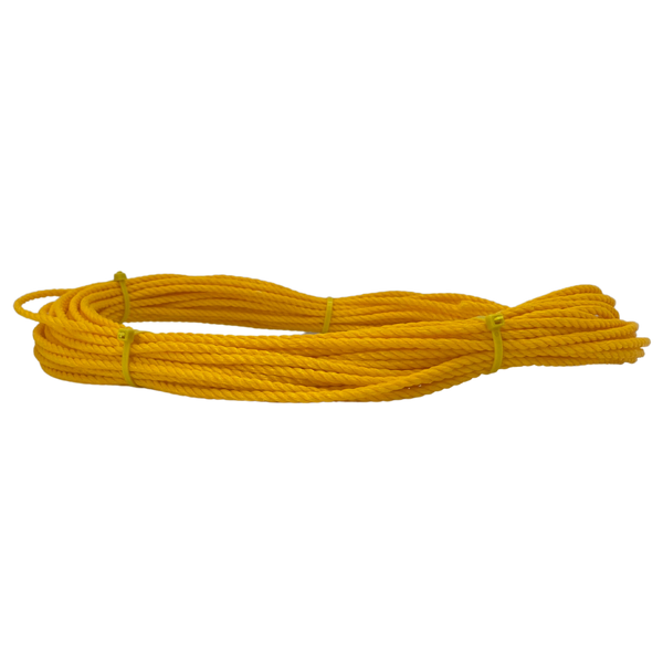Yellow polypropylene rope coil, durable and suitable for outdoor use and various applications.