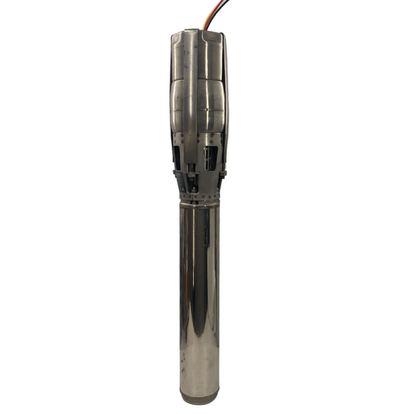 Stainless steel submersible pump from RPS Water Pumps with cables attached for water pumping systems.