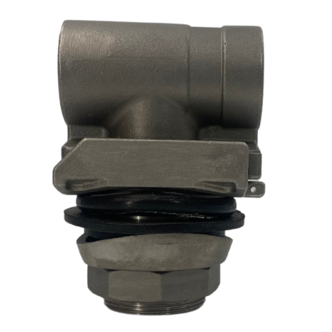 Industrial steel valve fitting with threaded connection and gasket, designed for plumbing or mechanical systems.