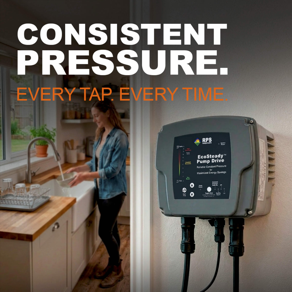 Woman washing dishes in a kitchen with an RPS Water Pumps EcoSteady Pump Drive for Constant Pressure VFD applications in foreground.