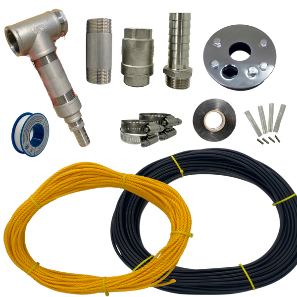 Plumbing installation kit with pipes, connectors, fitting tools, Teflon tape, and adhesive materials.