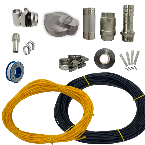 assorted plumbing and hardware materials including pipes, clamps, wires, fittings, and sealing tape arranged on a white background